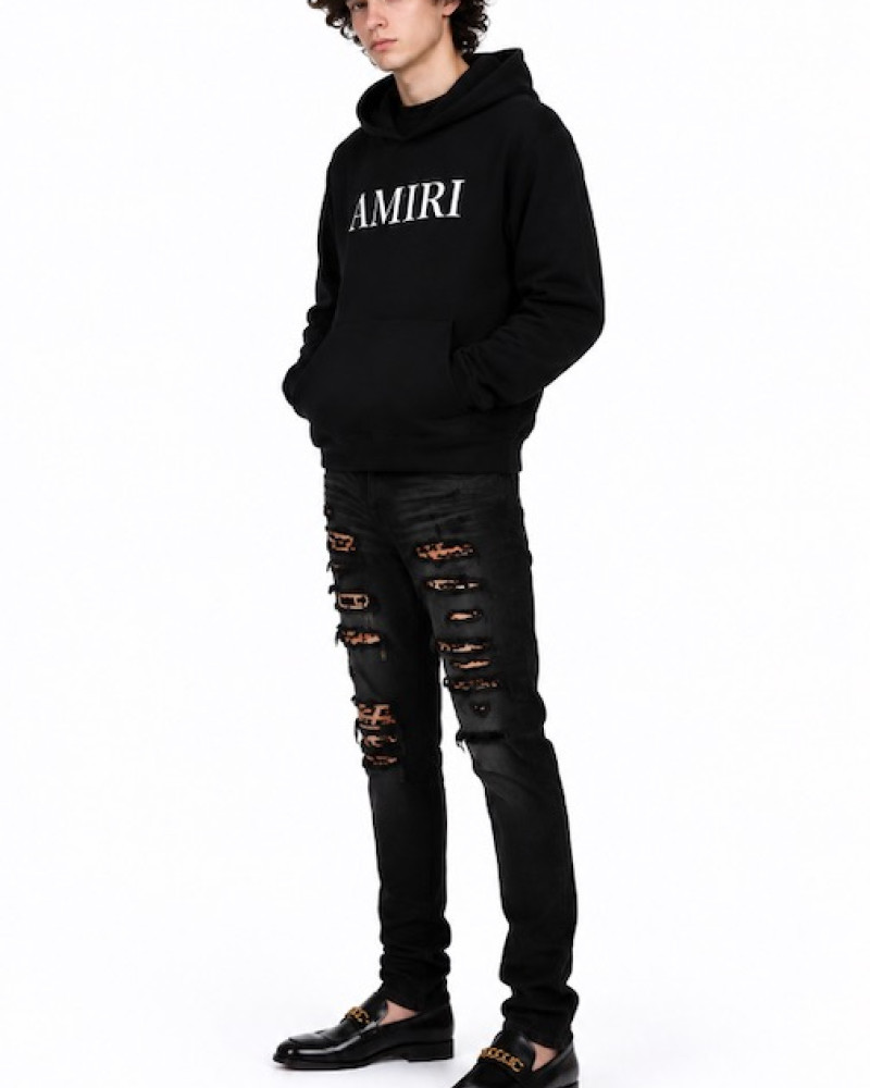 AMIRI MX1 Mid-Rise Skinny Jeans – Black / Leopard Print