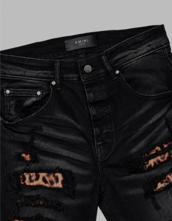 AMIRI MX1 Mid-Rise Skinny Jeans – Black / Leopard Print