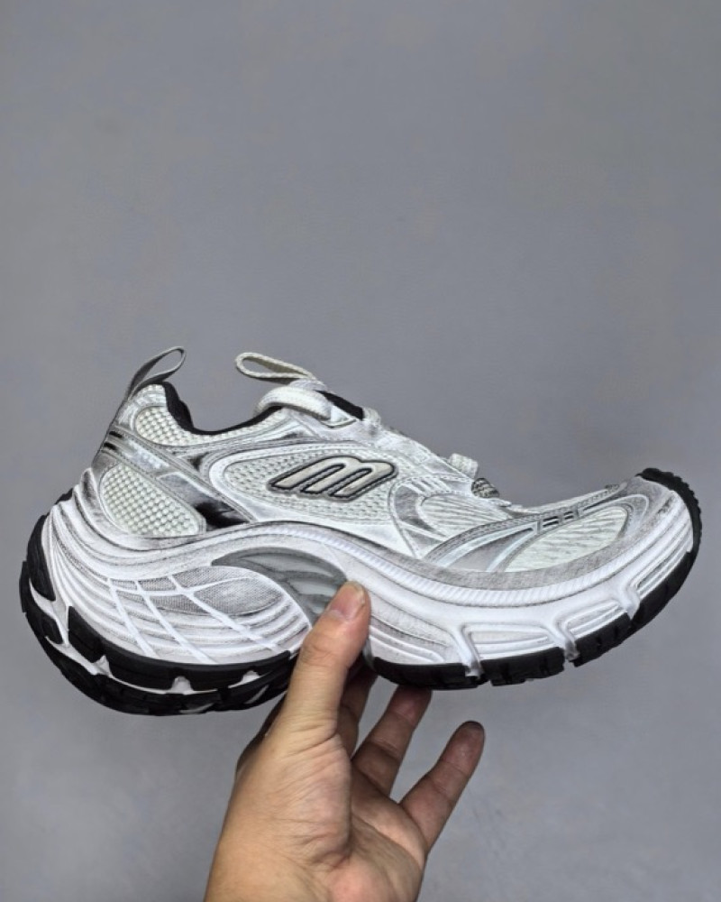 Balenciaga 10XL Distressed Runner Sneakers – White/Silver