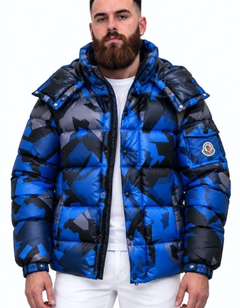 Moncler Mosa Geometric-Print Hooded Down Jacket – Blue/Black/Grey