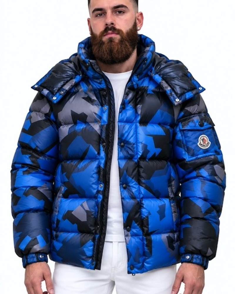 Moncler Mosa Geometric-Print Hooded Down Jacket – Blue/Black/Grey