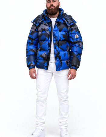 Moncler Mosa Geometric-Print Hooded Down Jacket – Blue/Black/Grey