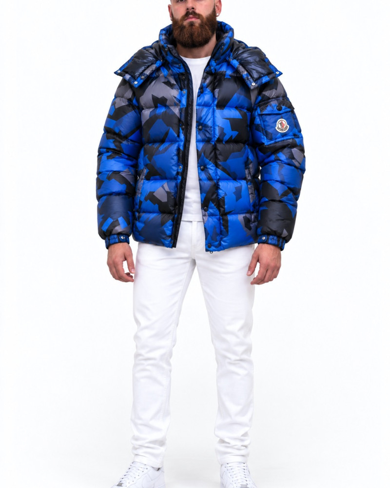 Moncler Mosa Geometric-Print Hooded Down Jacket – Blue/Black/Grey