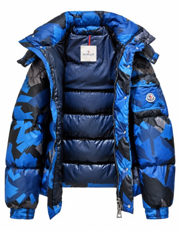 Moncler Mosa Geometric-Print Hooded Down Jacket – Blue/Black/Grey
