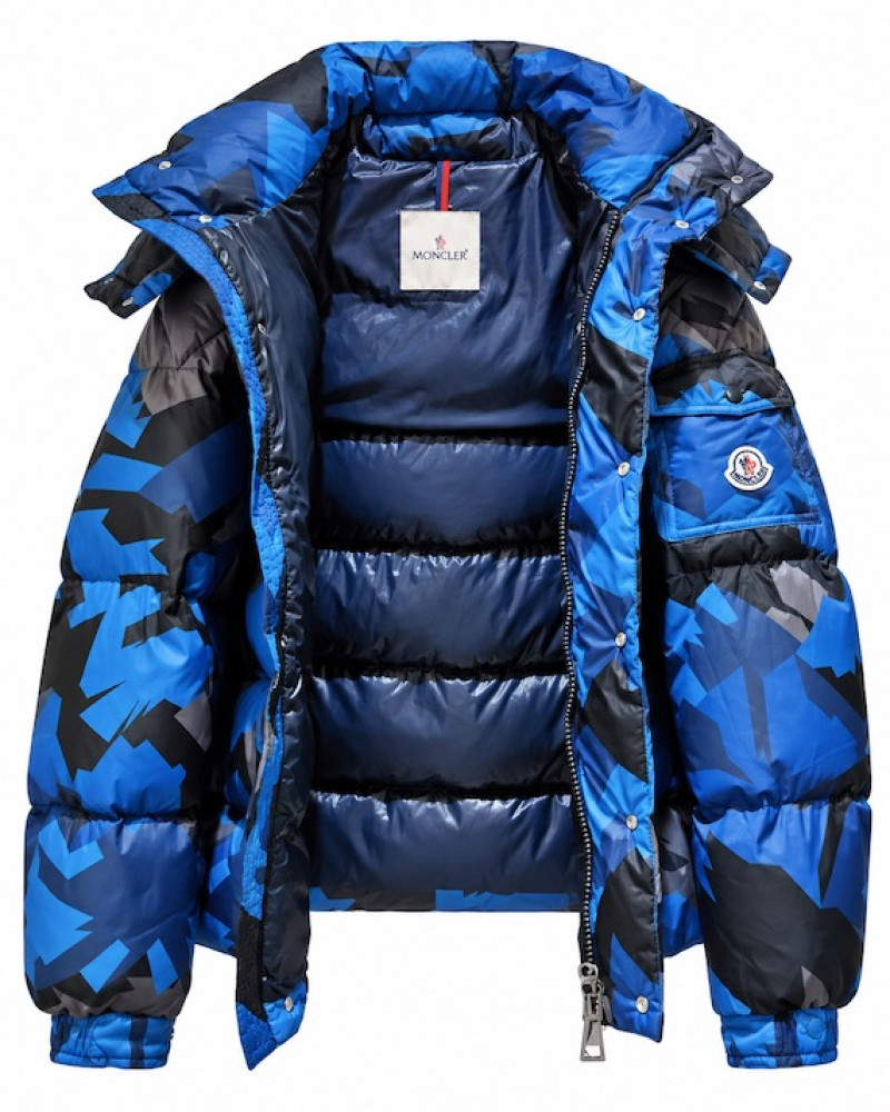 Moncler Mosa Geometric-Print Hooded Down Jacket – Blue/Black/Grey