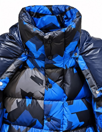 Moncler Mosa Geometric-Print Hooded Down Jacket – Blue/Black/Grey