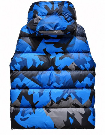 Moncler Mosa Geometric-Print Hooded Down Jacket – Blue/Black/Grey