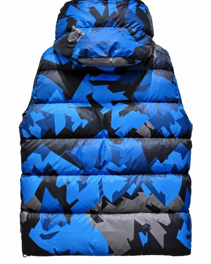 Moncler Mosa Geometric-Print Hooded Down Jacket – Blue/Black/Grey