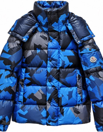 Moncler Mosa Geometric-Print Hooded Down Jacket – Blue/Black/Grey