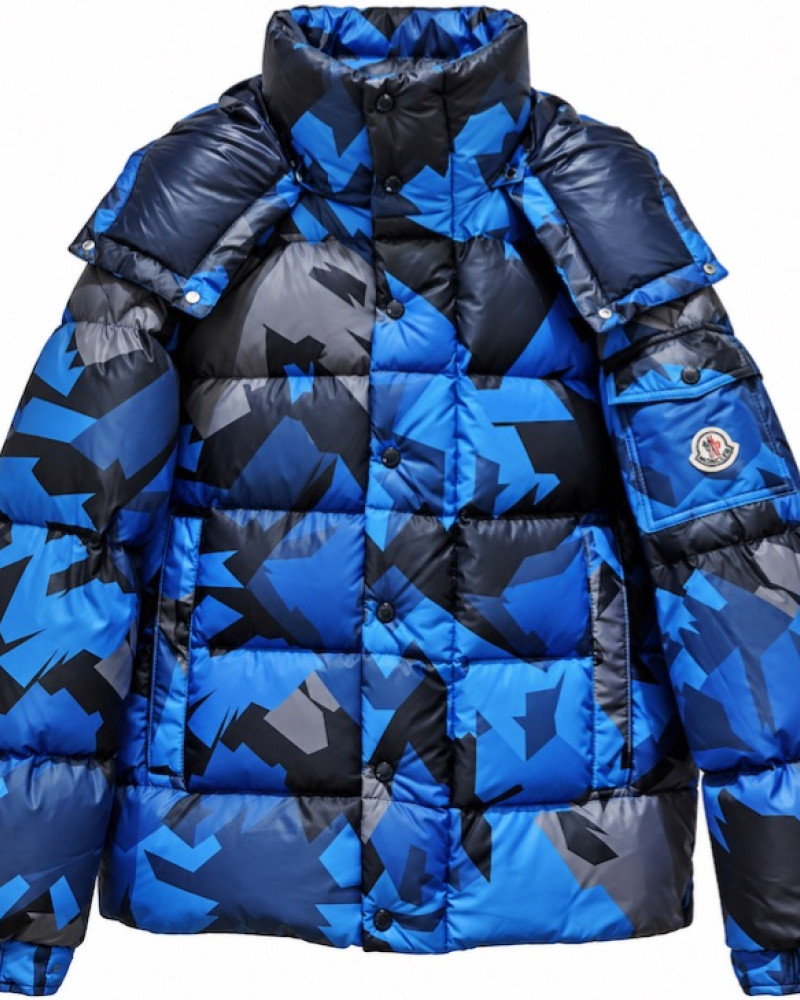 Moncler Mosa Geometric-Print Hooded Down Jacket – Blue/Black/Grey