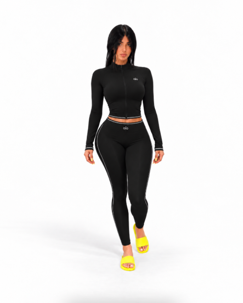 Alo Yoga Contrast-Trim Cropped Zip-Up Jacket – Black/White