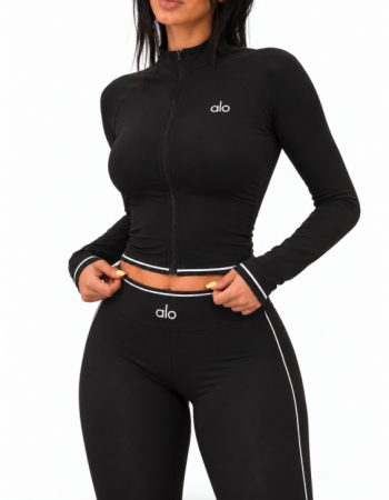 Alo Yoga Contrast-Trim Cropped Zip-Up Jacket – Black/White