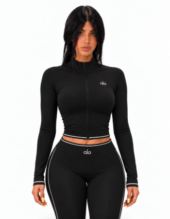 Alo Yoga Contrast-Trim Cropped Zip-Up Jacket – Black/White