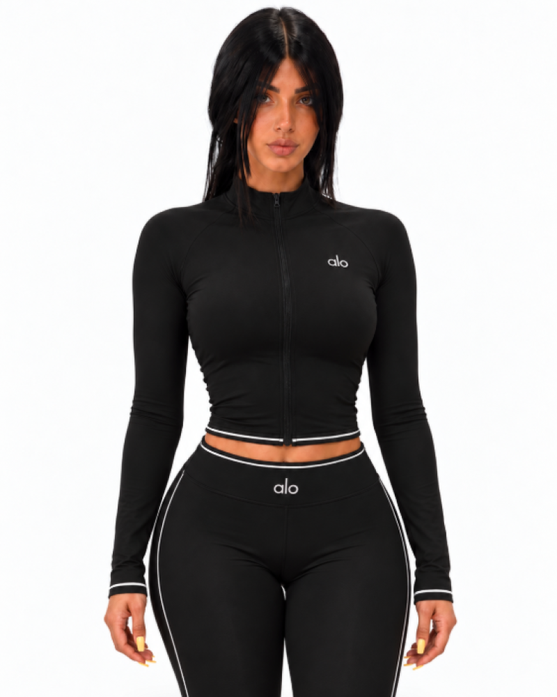 Alo Yoga Contrast-Trim Cropped Zip-Up Jacket – Black/White