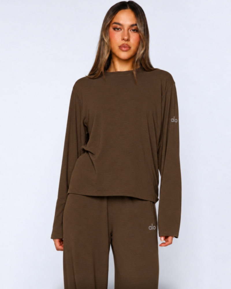 Alo Yoga Alosoft Finesse Long Sleeve & Wide-Leg Pant Set – Brown