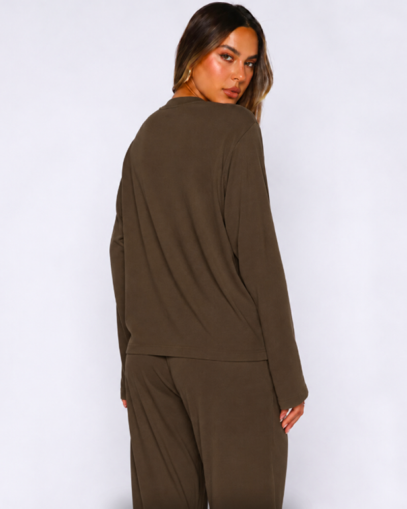 Alo Yoga Alosoft Finesse Long Sleeve & Wide-Leg Pant Set – Brown