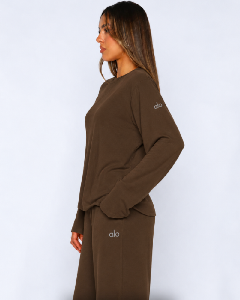 Alo Yoga Alosoft Finesse Long Sleeve & Wide-Leg Pant Set – Brown