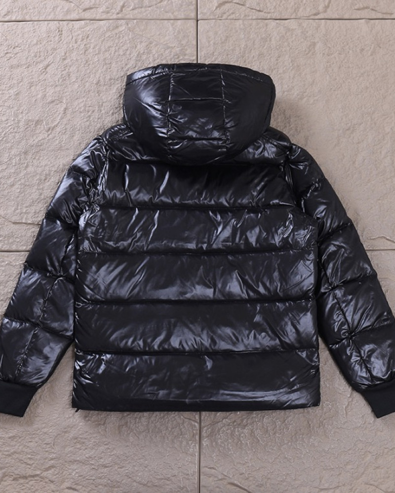 Moncler Maya 70 Hooded Short Down Jacket – Black with Red Logo Trim.