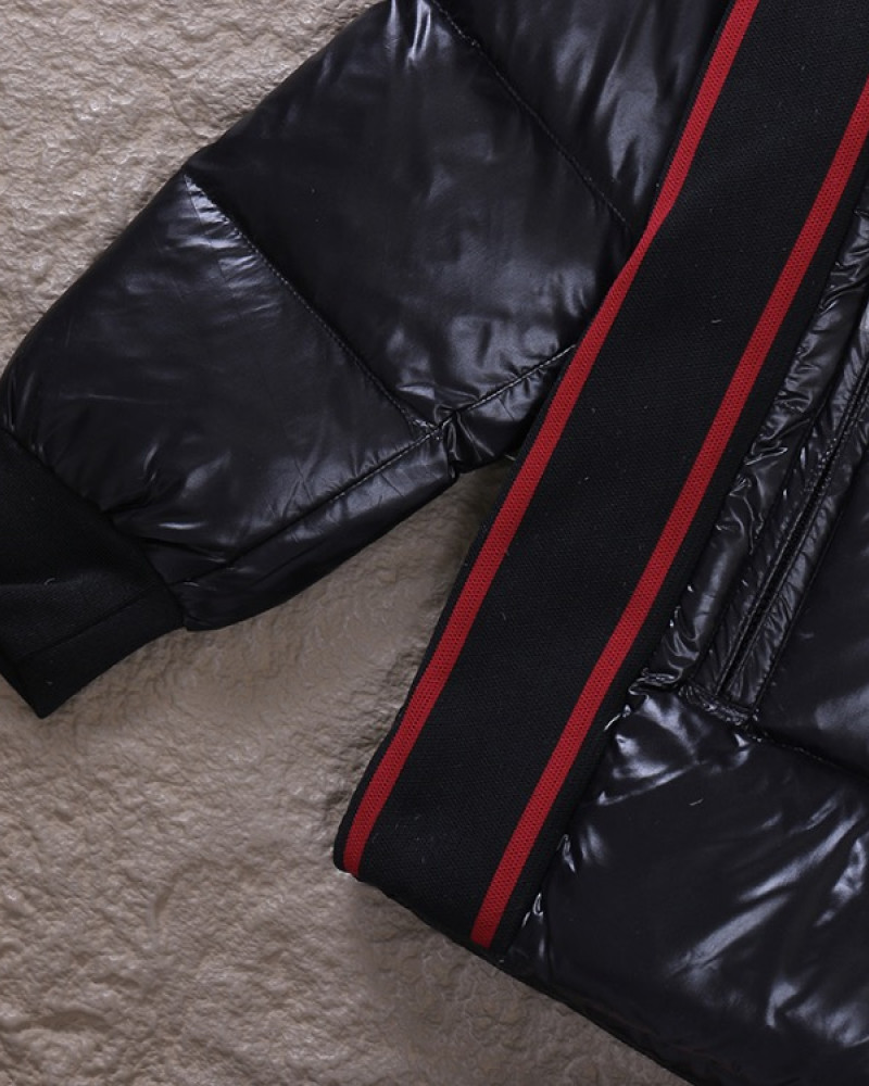 Moncler Maya 70 Hooded Short Down Jacket – Black with Red Logo Trim.