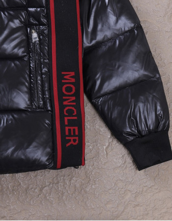 Moncler Maya 70 Hooded Short Down Jacket – Black with Red Logo Trim.