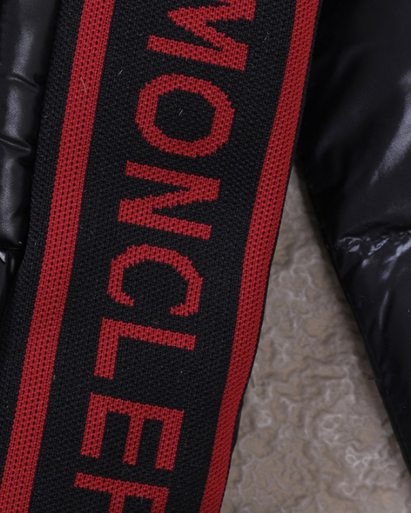 Moncler Maya 70 Hooded Short Down Jacket – Black with Red Logo Trim.