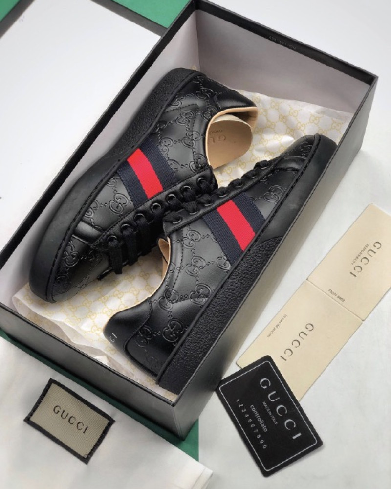 Gucci Ace GG Embossed Leather Black Monogram Sneakers 