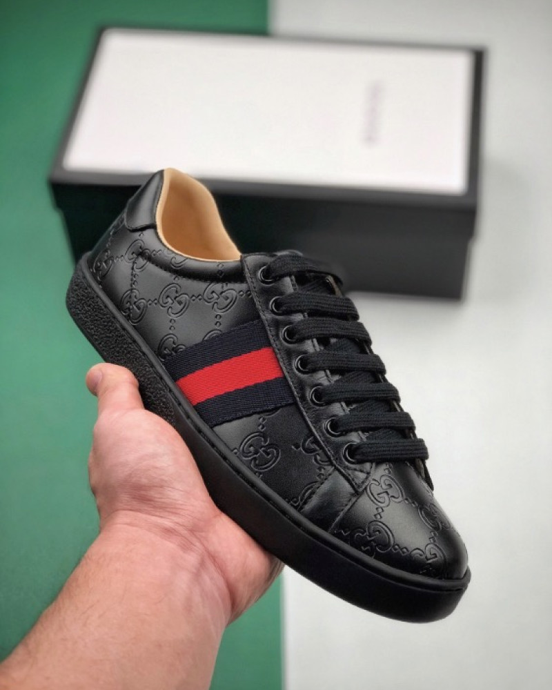 Gucci Ace GG Embossed Leather Black Monogram Sneakers 