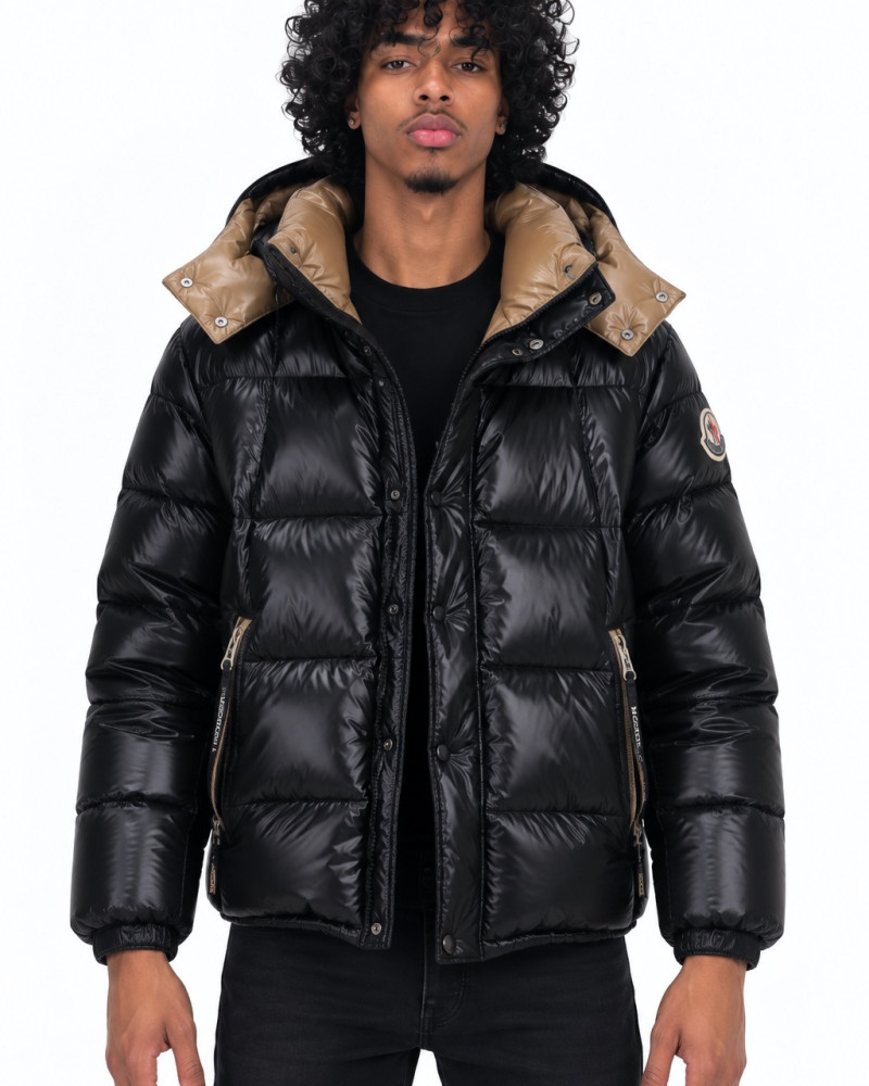 Moncler Glossy Square-Quilted Hooded Down Jacket – Black/Camel