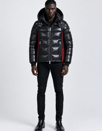 Moncler Maya 70 Hooded Short Down Jacket – Black with Red Logo Trim.