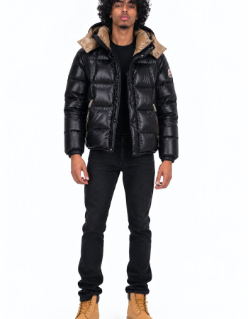 Moncler Glossy Square-Quilted Hooded Down Jacket – Black/Camel